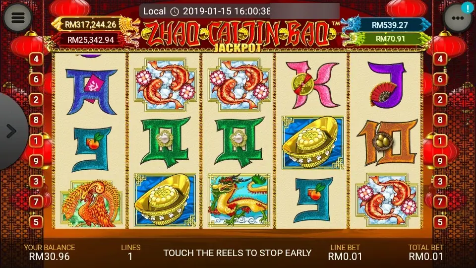 Zhao Cai Jin Bao Jackpot on LPE88: koi, gold ingots, a phoenix and a dragon under four dragon jackpot boxes, one line at RM0.01