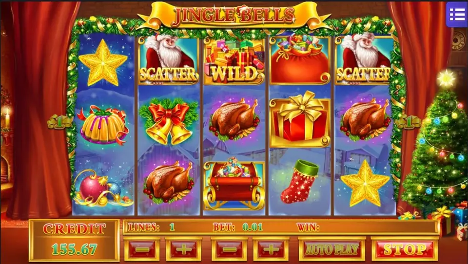Jingle Bells reels with two Santa scatters, a WILD pile of presents, turkey, bells and a stocking