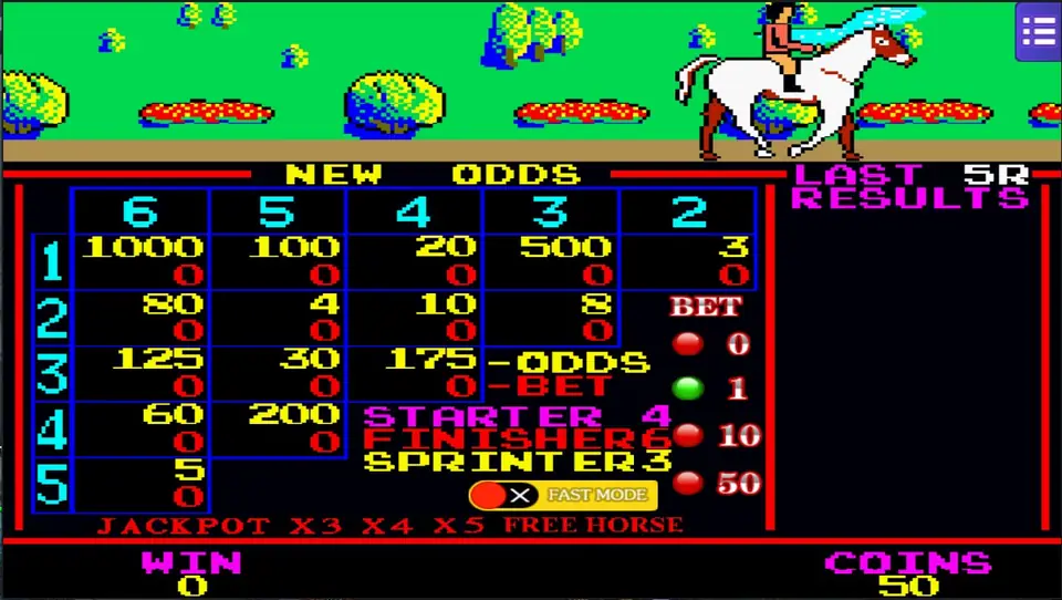 King Derby odds board with pair odds from 3 to 1000, bet buttons 0, 1, 10, 50 and Starter 4, Finisher 6, Sprinter 3 tips