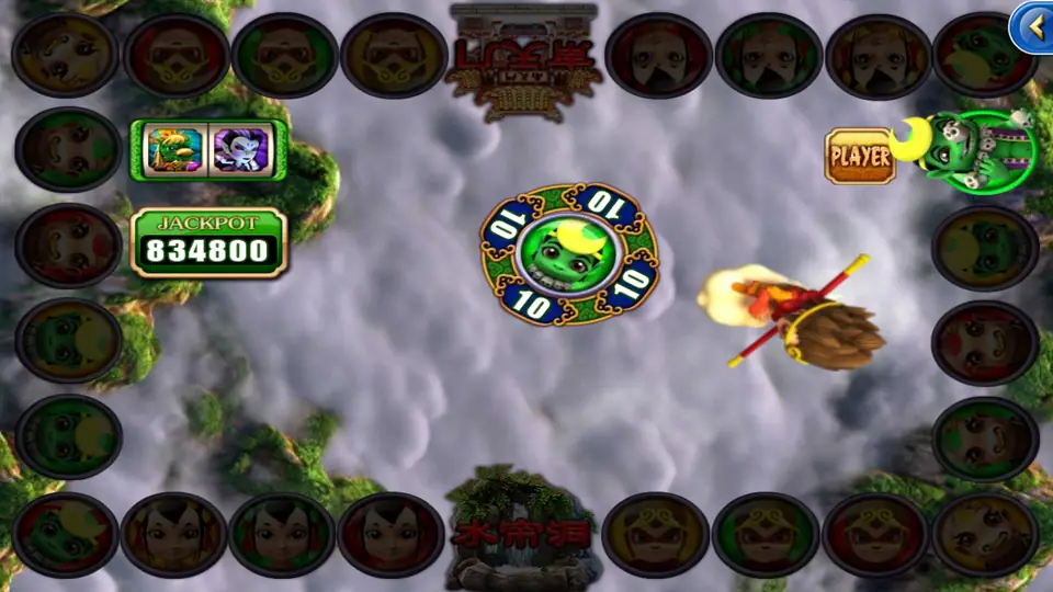 Monkey Slots on 918Kiss: the centre medallion shows the green demon ringed with 10, and a PLAYER sign lights up on the right