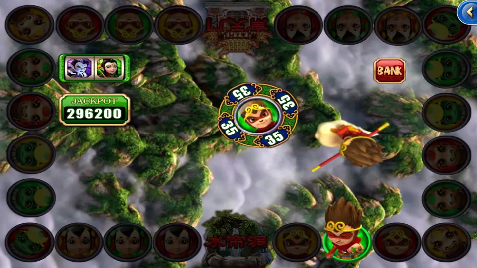 Monkey Slots on 918Kiss: the Monkey King medallion ringed with 35, a BANK sign and the Monkey King standing on a green tile