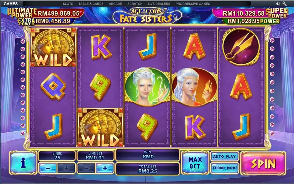 Age of the Gods Fate Sisters on NTC33: two WILD tiles and two sisters on 25 lines at RM0.01, with four jackpot counters above