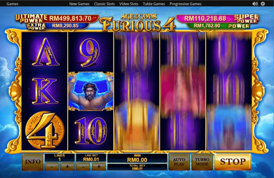 Furious 4 on NTC33 mid-spin: the gold 4 coin and the sky-bearing giant settle on reels one and two while the rest still turn