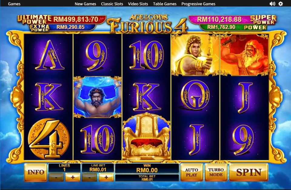 Age of the Gods Furious 4 on NTC33: a giant holding up the sky, a golden archer, a fire god with a hammer, a gold throne and a 4 coin