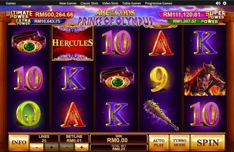 Prince of Olympus on NTC33: a red HERCULES tile, a jewelled belt, a spiked club and a flaming hound on 25 lines at RM0.01 for RM0.25