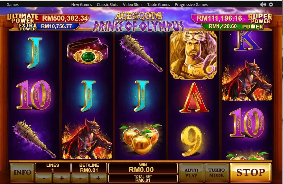 Prince of Olympus on NTC33: Hercules in his lion-skin headdress, golden apples, the belt, the club and the flaming hound on one line