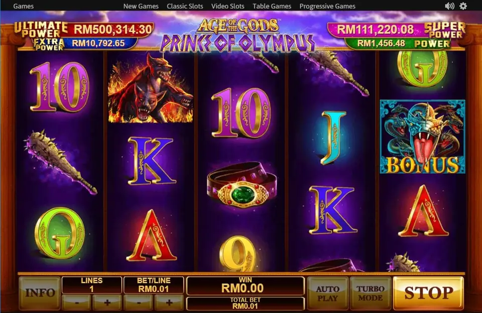 Prince of Olympus on NTC33 with the Hydra BONUS tile on reel five and the four jackpot counters over the reels