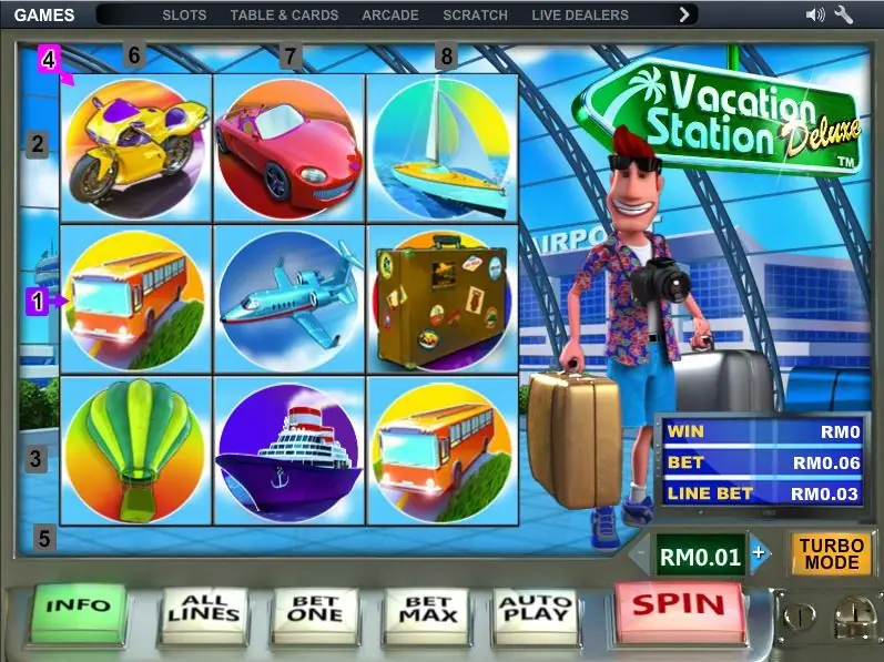 Vacation Station Deluxe on NTC33: a three by three grid of vehicles beside a cartoon tourist at an airport, bet RM0.06
