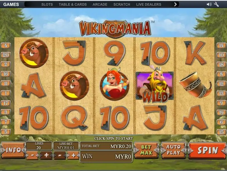 Viking Mania on NTC33 with a blond Viking chief WILD, a boar and a drinking horn on 20 lines at MYR0.01