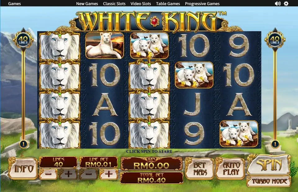 White King on NTC33: stacked white lion heads fill reels one and three, 40 lines at RM0.01 for RM0.40
