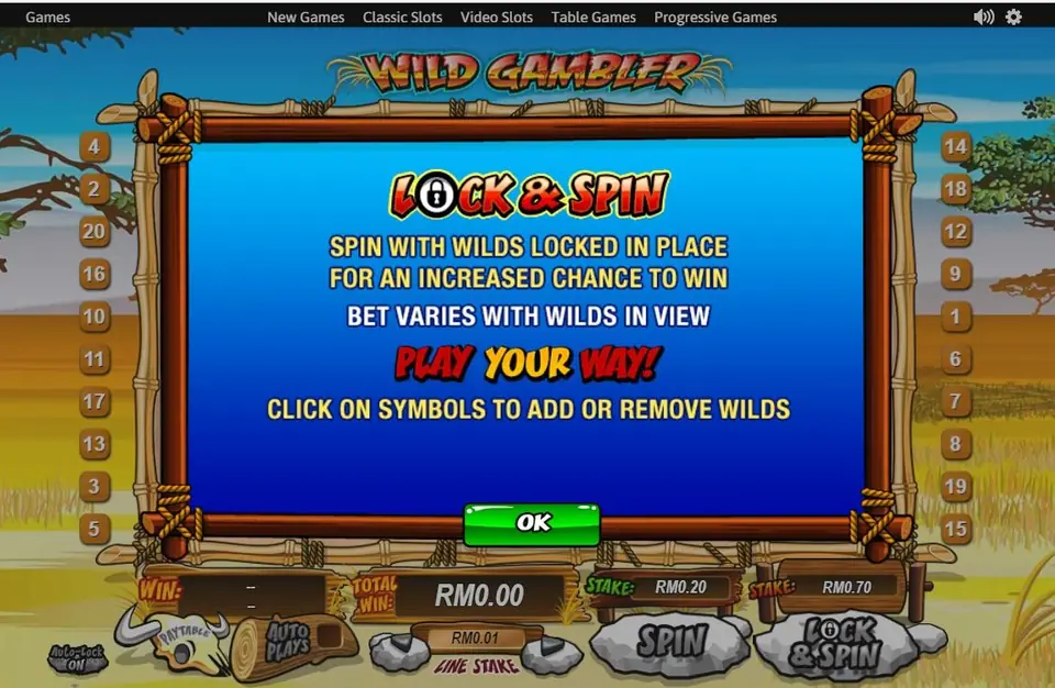 Wild Gambler on NTC33: the Lock and Spin pop-up over the reels, with a stake of RM0.20 and a Lock and Spin stake of RM0.70