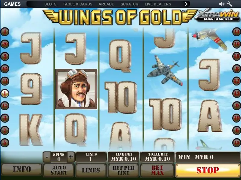 Wings of Gold on NTC33: a pilot in a leather helmet, a grey jet and metal card ranks, one line at MYR0.10