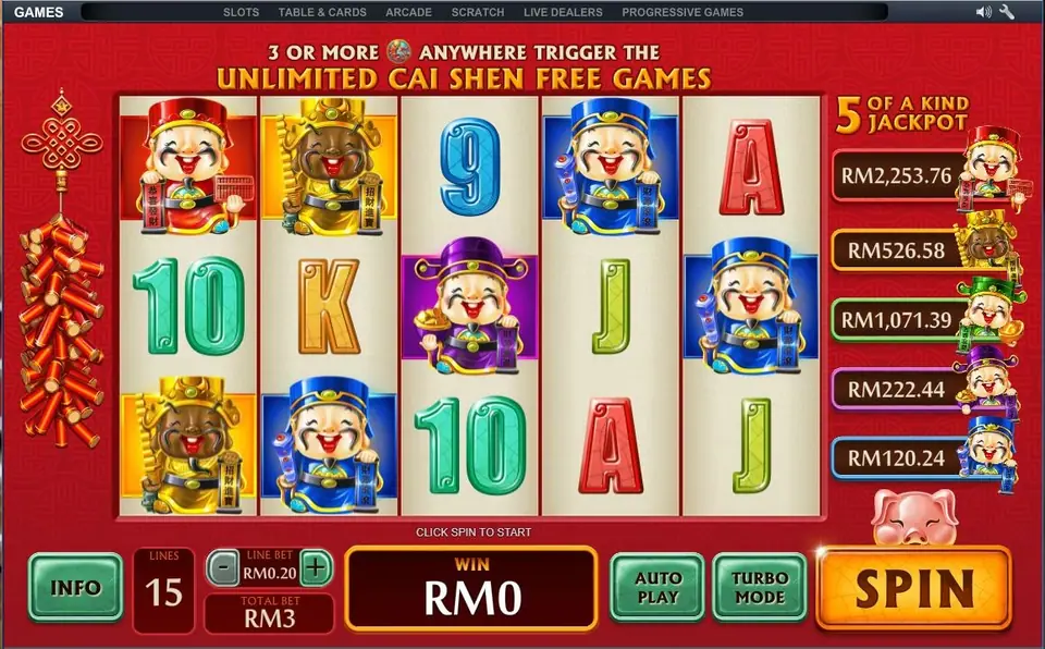 Wu Lu Cai Shen on NTC33: five gods of wealth, the free games banner and the 5 of a kind jackpot column, 15 lines at RM0.20