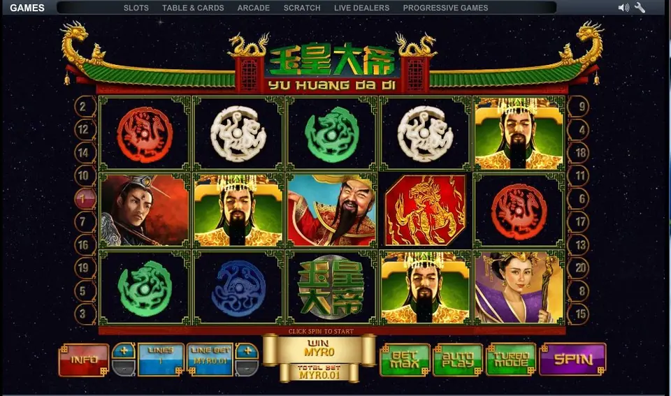 Yu Huang Da Di on NTC33 after a one-line spin: the emperor, the red beast tile, jade seals and the lady in purple