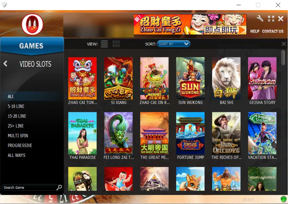 NTC33 lobby on Windows: Video Slots with line filters on the left and tiles from Zhao Cai Tong Zi to Vacation Station Deluxe