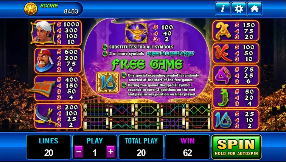 Aladdin pay table with the magic lamp as the substitute symbol and a Free Game rule with an expanding 10 symbol