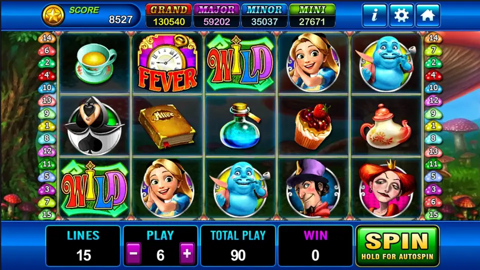 Alice reels with two rainbow WILD symbols, a FEVER pocket watch, Alice, the caterpillar, the hatter and the queen