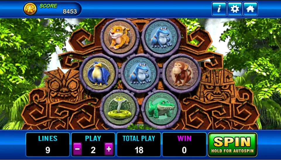 Amazon Jungle board of seven round tiles on a jungle temple holding a jaguar, frogs, a parrot, a monkey, a cobra and a crocodile