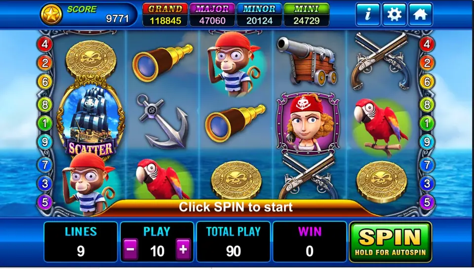 Captain Roger reels at sea with a tall pirate ship SCATTER on reel 1, a monkey, a parrot, a cannon and crossed pistols