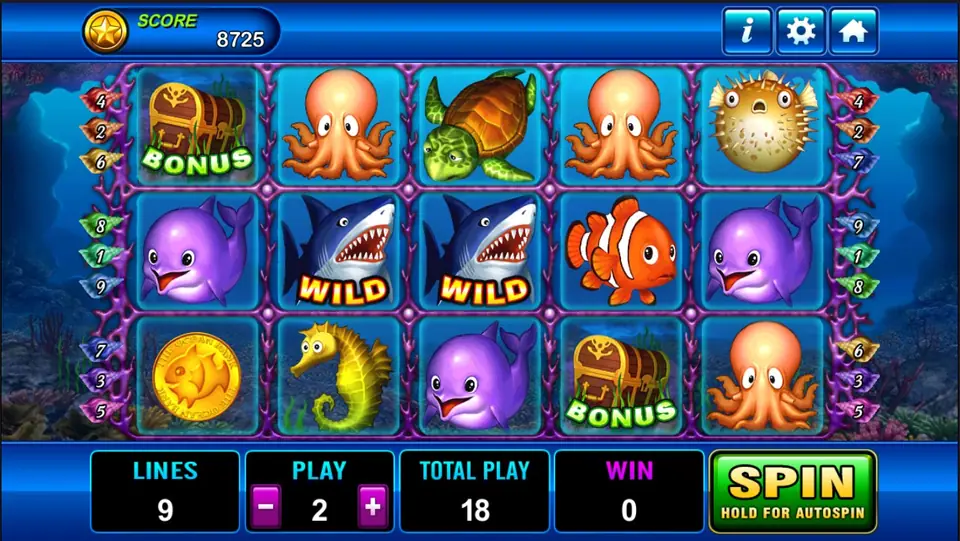 Dolphin reels with two shark WILD symbols, a treasure chest BONUS, a purple dolphin, an octopus and a clownfish