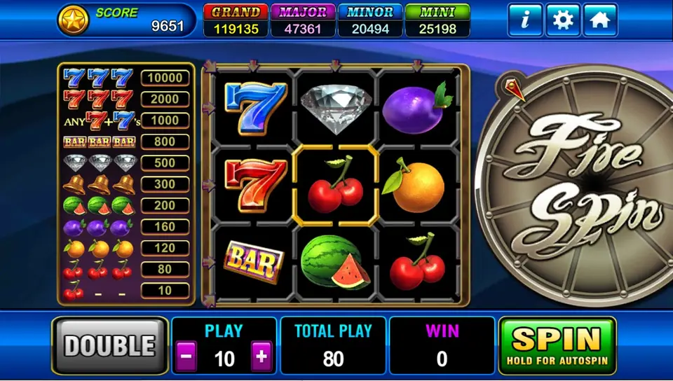 Fire Spin three by three fruit reels with sevens, a diamond, a BAR and cherries beside a bronze Fire Spin wheel