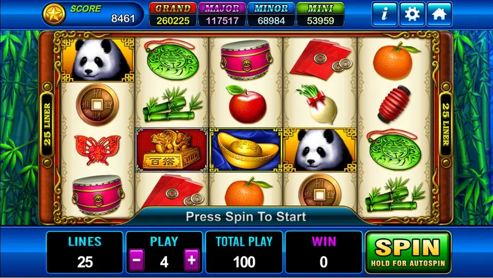 Fortune Panda four-row reels with two pandas, a jade seal WILD, a gold ingot, a drum and red envelopes