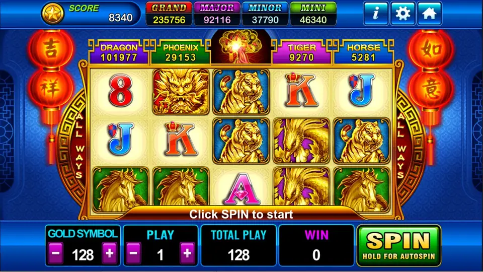 Fortune Tree reels with golden tigers, a golden dragon, golden horses, card symbols and Dragon, Phoenix, Tiger and Horse counters