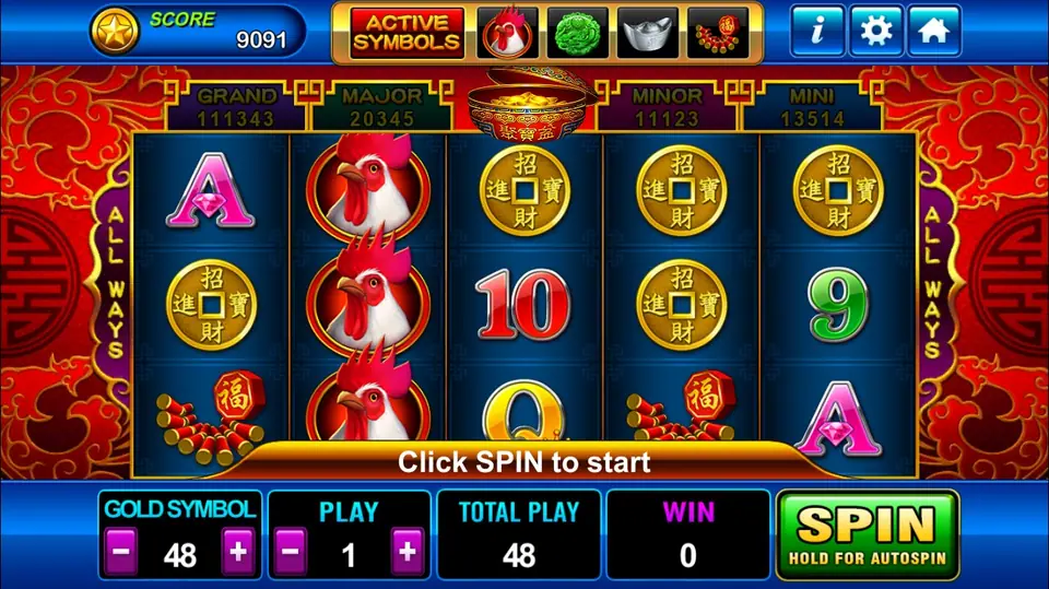 Golden Rooster reels with three stacked roosters on reel 2, gold coins and firecrackers under Grand, Major, Minor and Mini meters