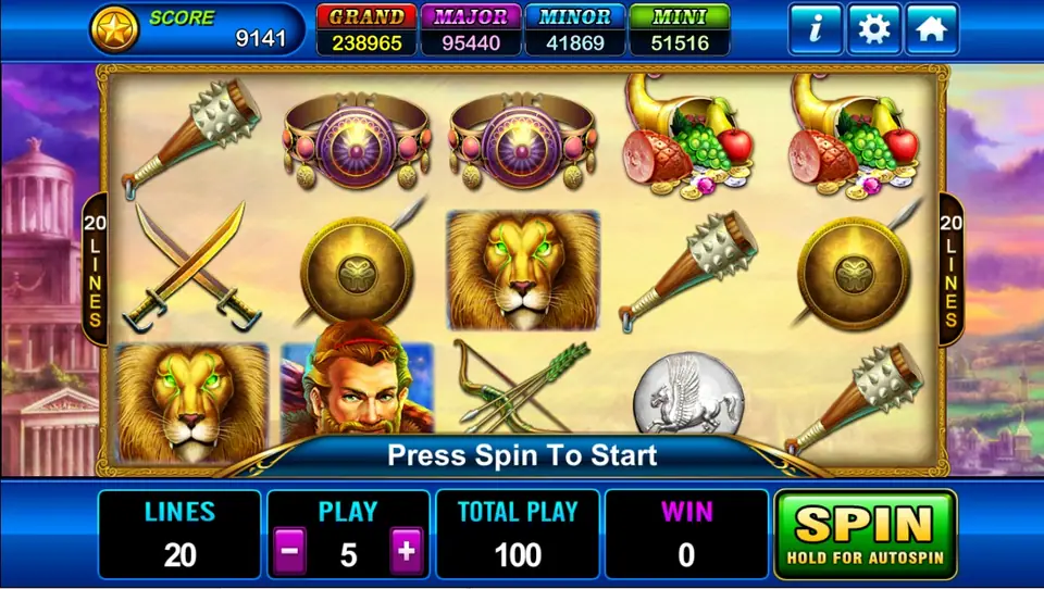 Hercules reels with a spiked club, a jewelled belt, a cornucopia, a lion head, a round shield and the hero in a red headband