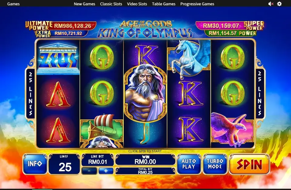 Age of the Gods King of Olympus on Rollex11: Zeus on reel three, Pegasus and a warship, four jackpot counters over 25 lines at RM0.01