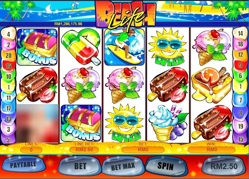 Beach Life on Rollex11: ice lollies, a surfer, a sun WILD and BONUS chests under a progressive jackpot of RM1,286,175.98