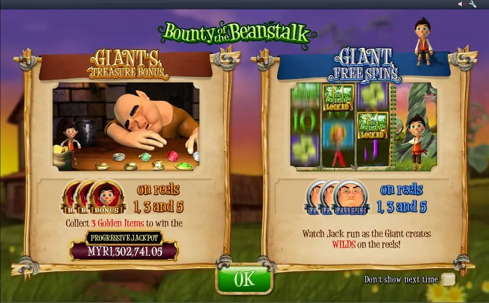 Bounty of the Beanstalk intro on Rollex11: the Giant's Treasure Bonus with a progressive jackpot of MYR1,302,741 and Giant Free Spins