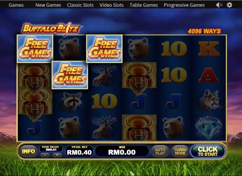 Buffalo Blitz on Rollex11: three FREE GAMES symbols over a six reel grid of buffalo, bears and moose, 4096 ways at RM0.40