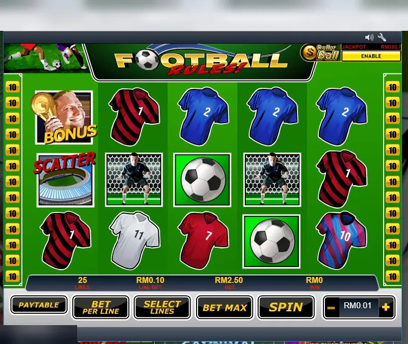Football Rules on Rollex11: football shirts, a goalkeeper, a ball, a stadium SCATTER and a trophy BONUS on 25 lines at RM0.10