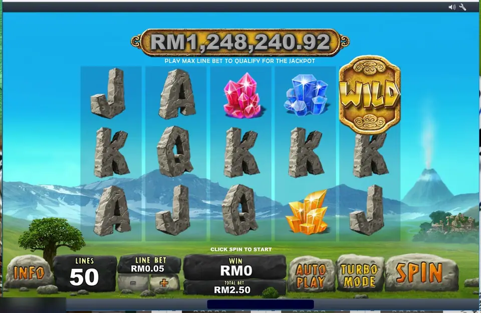 Jackpot Giant on Rollex11: stone card letters, crystals and a gold WILD under a jackpot of RM1,248,240.92, 50 lines at RM0.05