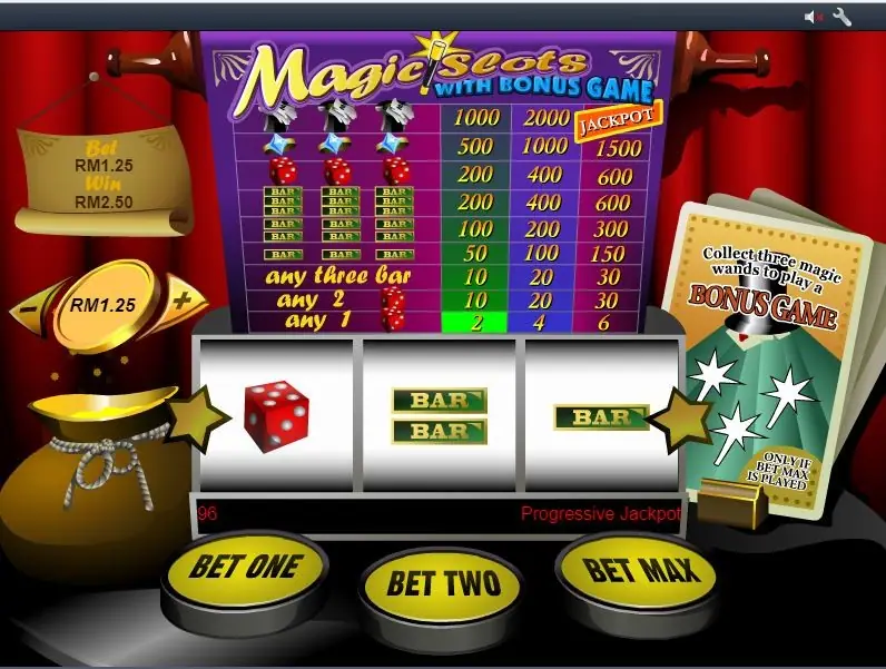 Magic Slots with Bonus Game on Rollex11: a three reel machine with a pay table above, a single die paying RM2.50 on a RM1.25 bet