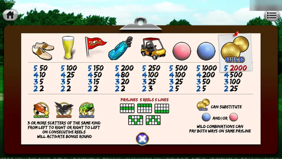 Golf Champions pay table on a clipboard: shoes, beer, flag, golf bag, buggy, pink and blue balls, the gold ball wild and three animal scatters