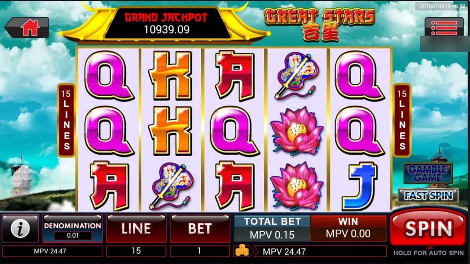Great Stars reels with peaches, lotus flowers, fans and card ranks under a Grand Jackpot box of 10,939.09, 15 lines at 0.15 MPV