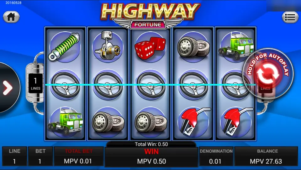 Highway Fortune with five steering wheels on the middle line and a total win of 0.50 MPV at a 0.01 bet