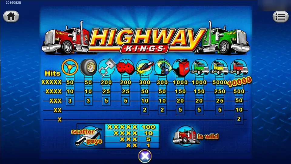 Highway Kings pay table: wheel, tyre, piston, dice, spark plug, fuel pump, jerry can and three trucks, the exhaust scatter and the red truck wild