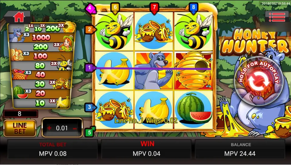Honey Hunter 3 by 3 grid with bees, honey pots, bananas, the bear and a beehive, line 1 highlighted, win 0.04 MPV