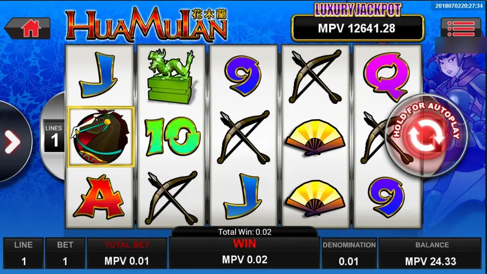 Hua Mulan with one line in play and a single war horse framed on reel 1, win 0.02 MPV