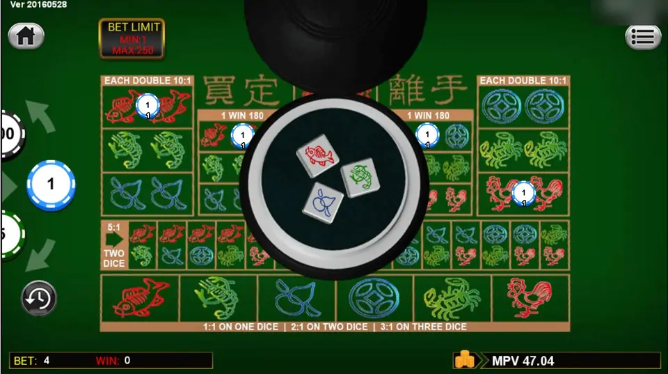 Hulu Cock dice showing fish, prawn and gourd under the cover, with chips on doubles and triples that missed