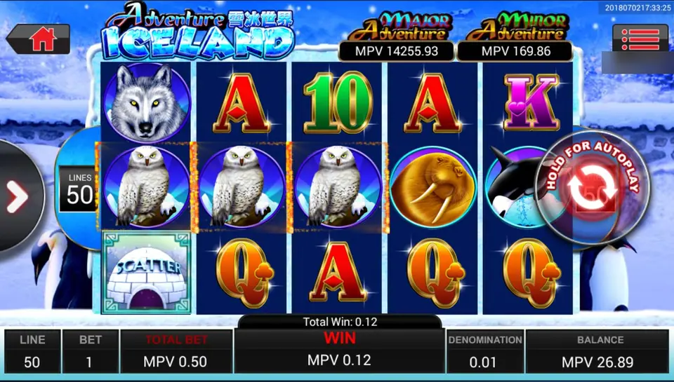 Adventure Iceland with three snowy owls lit on the middle row and an igloo scatter on reel 1, total win 0.12 MPV