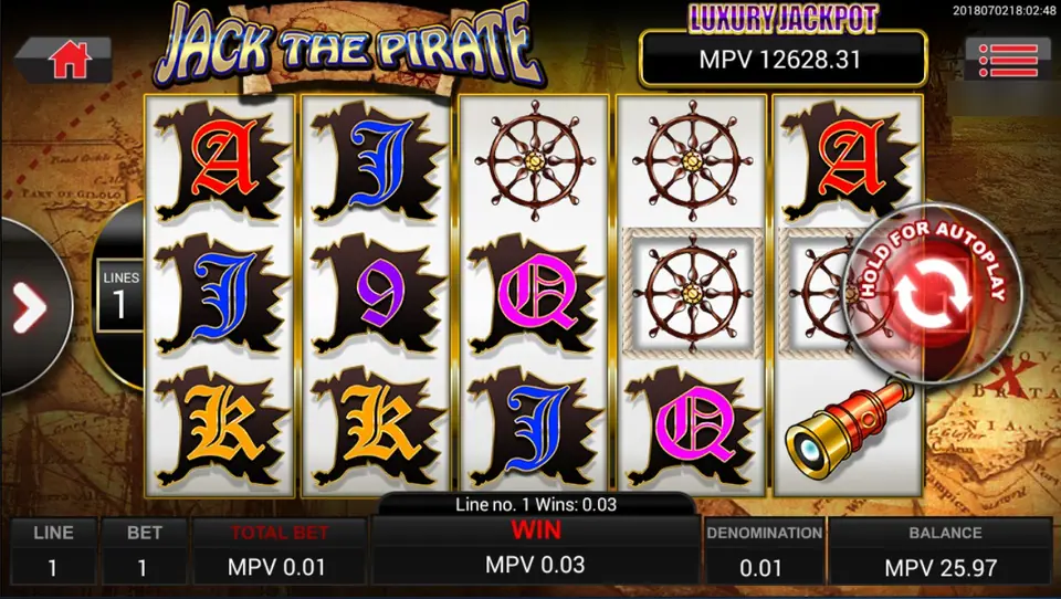 Jack the Pirate with two framed ship's wheels on reels 4 and 5 and a 0.03 MPV win on line 1