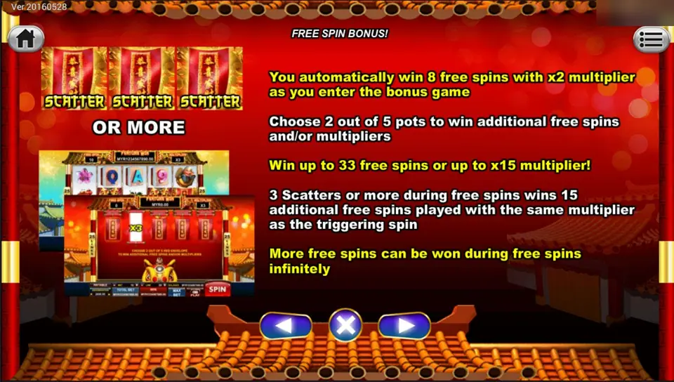 Festive Lion free spin help: three scatters give 8 free spins at x2, then pick 2 of 5 pots for up to 33 spins or x15