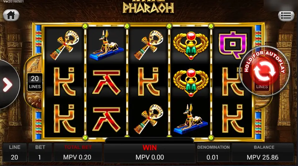 King Pharaoh reels with ankhs, Anubis statues, scarabs and Egyptian-style card ranks in a gold frame, 20 lines at 0.20 MPV