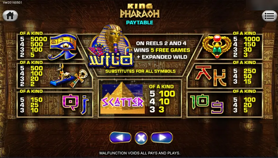 King Pharaoh pay table: Eye of Horus at 5,000 for five, Anubis with an ankh, scarab and card ranks, the golden mask wild and the pyramid scatter