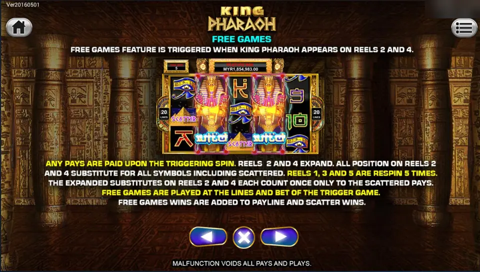 King Pharaoh free games help: two expanded golden pharaoh wilds on reels 2 and 4, with reels 1, 3 and 5 respinning five times