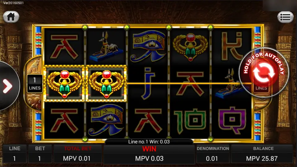 King Pharaoh with a single line in play and two scarabs on the middle row, win 0.03 MPV